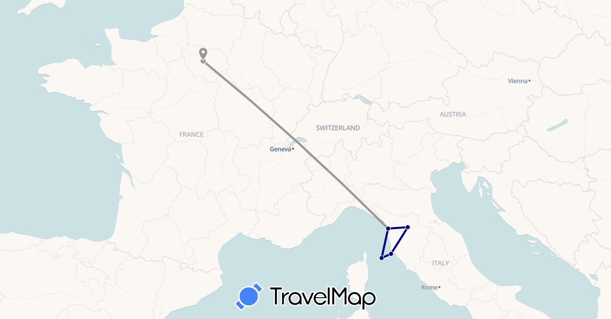 TravelMap itinerary: driving, plane in France, Italy (Europe)
